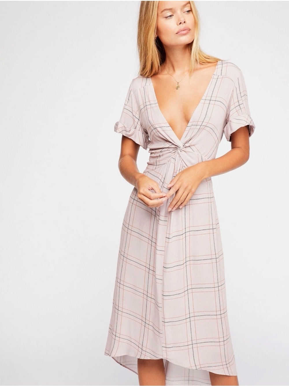 Free People Plaid Midi Dress Women’s Size Small Twist Front V-Neck Boho Flowy
